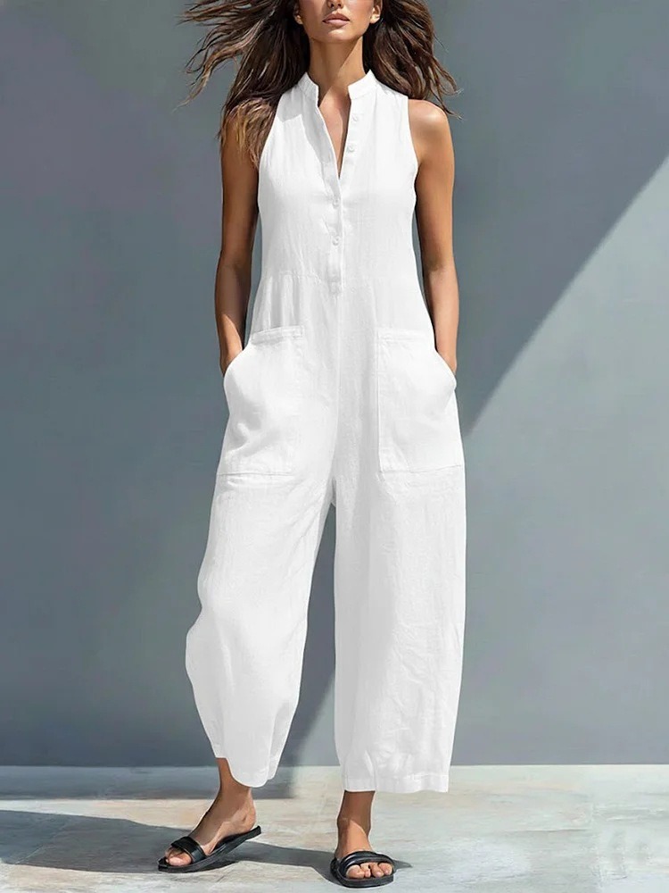 Women's Sleeveless Stand Collar Pocket Jumpsuit Casual Solid Color Straight Leg
