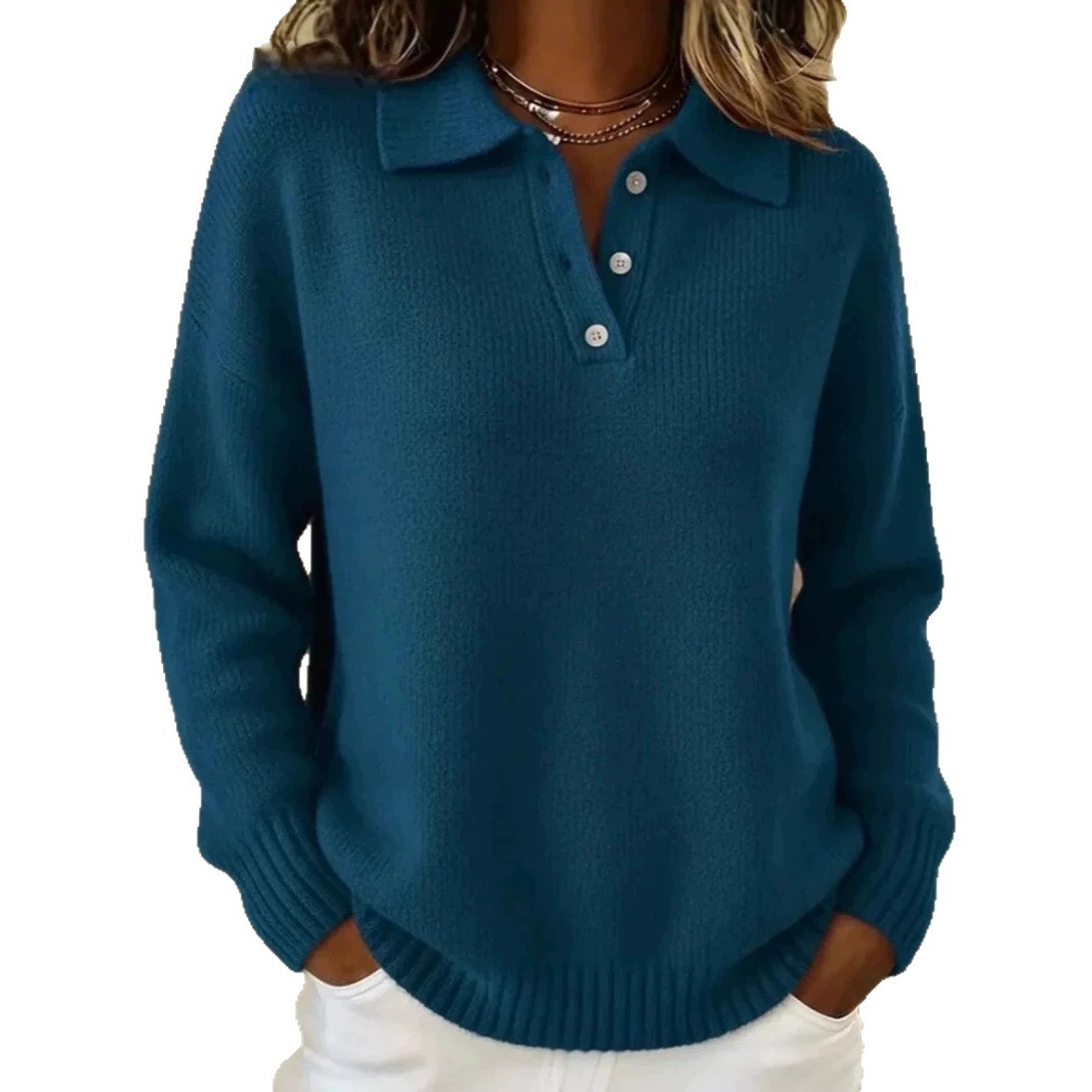 Women's Loose Relaxed Soft Knit Sweater with Collar and Buttons Long Sleeve