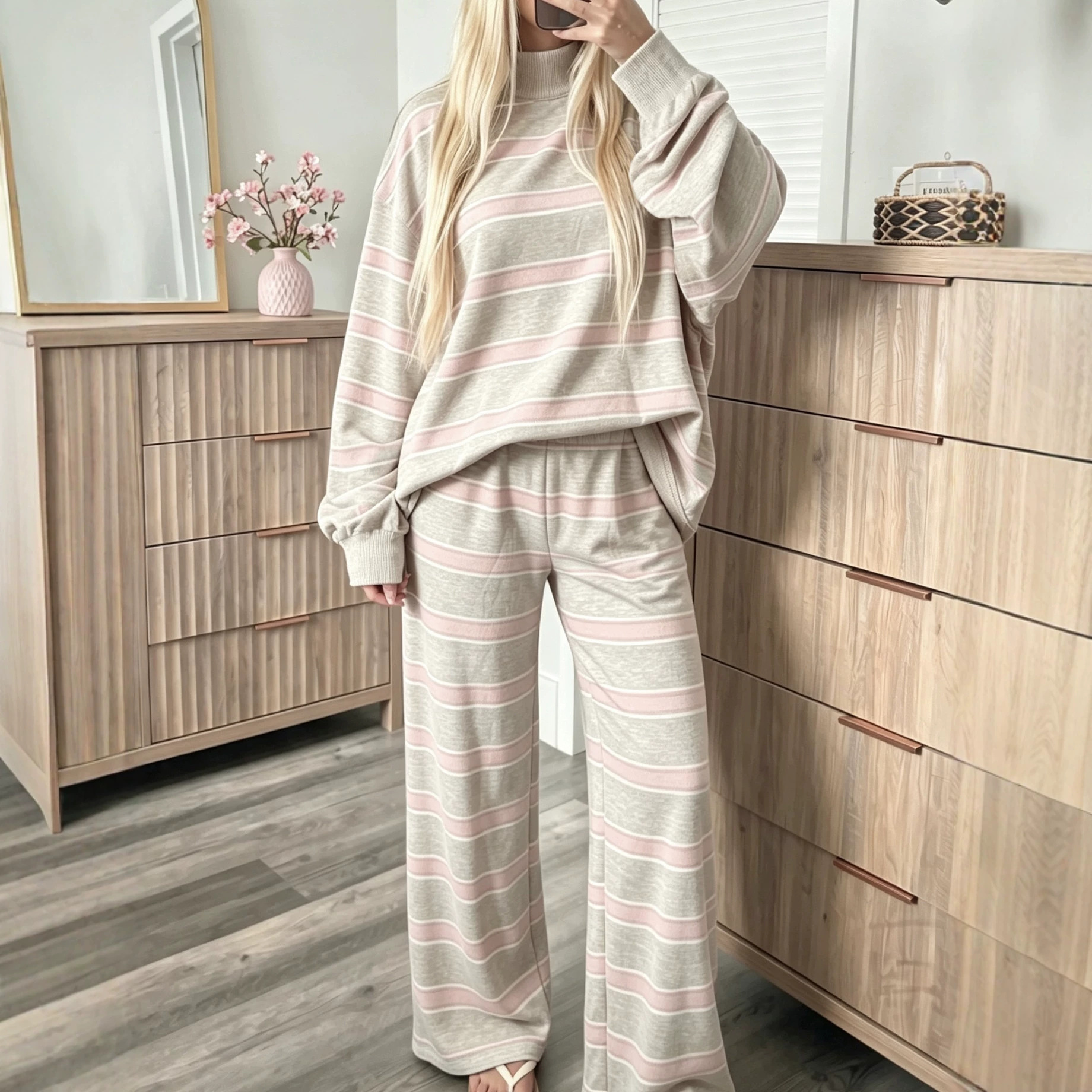 Striped Print Two-Piece Women's Casual Set Long Sleeve Crew Neck