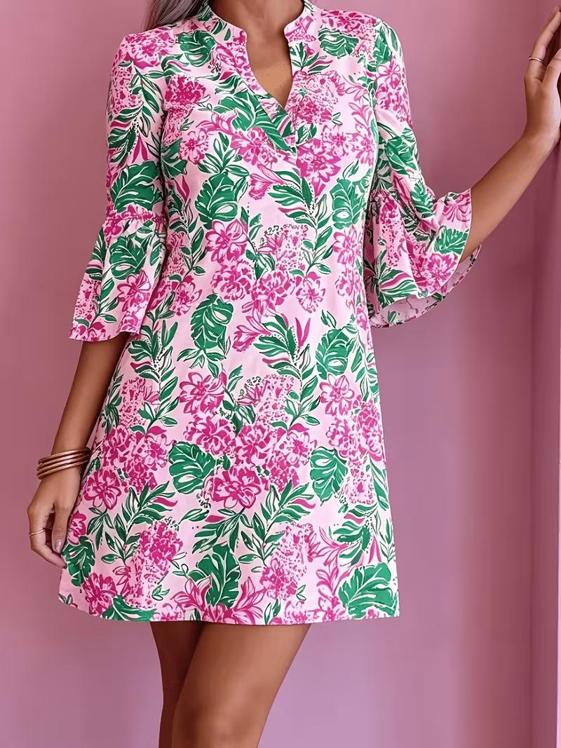 Women's Floral Leaf Print Casual Midi Dress with Deep V-Neck and Five-Quarter Sleeves