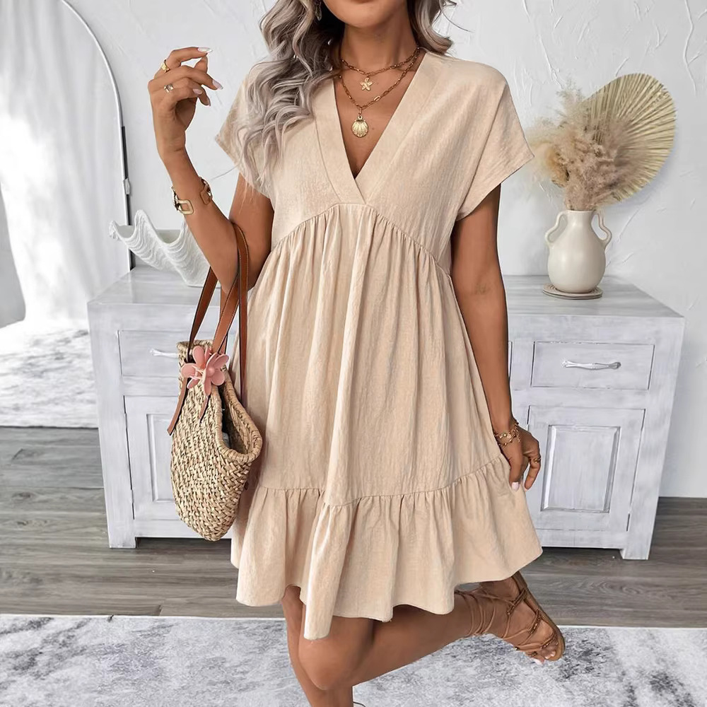 Women's Summer V-Neck Short Sleeve Ruffle Hem Babydoll Dress