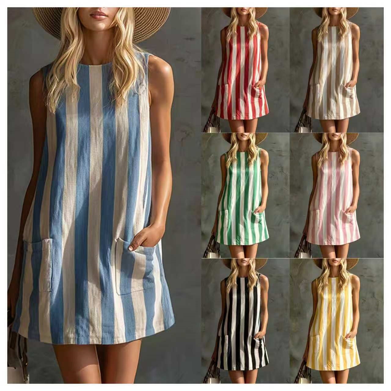 Blue and White Striped Sleeveless Round Neck Mini Dress