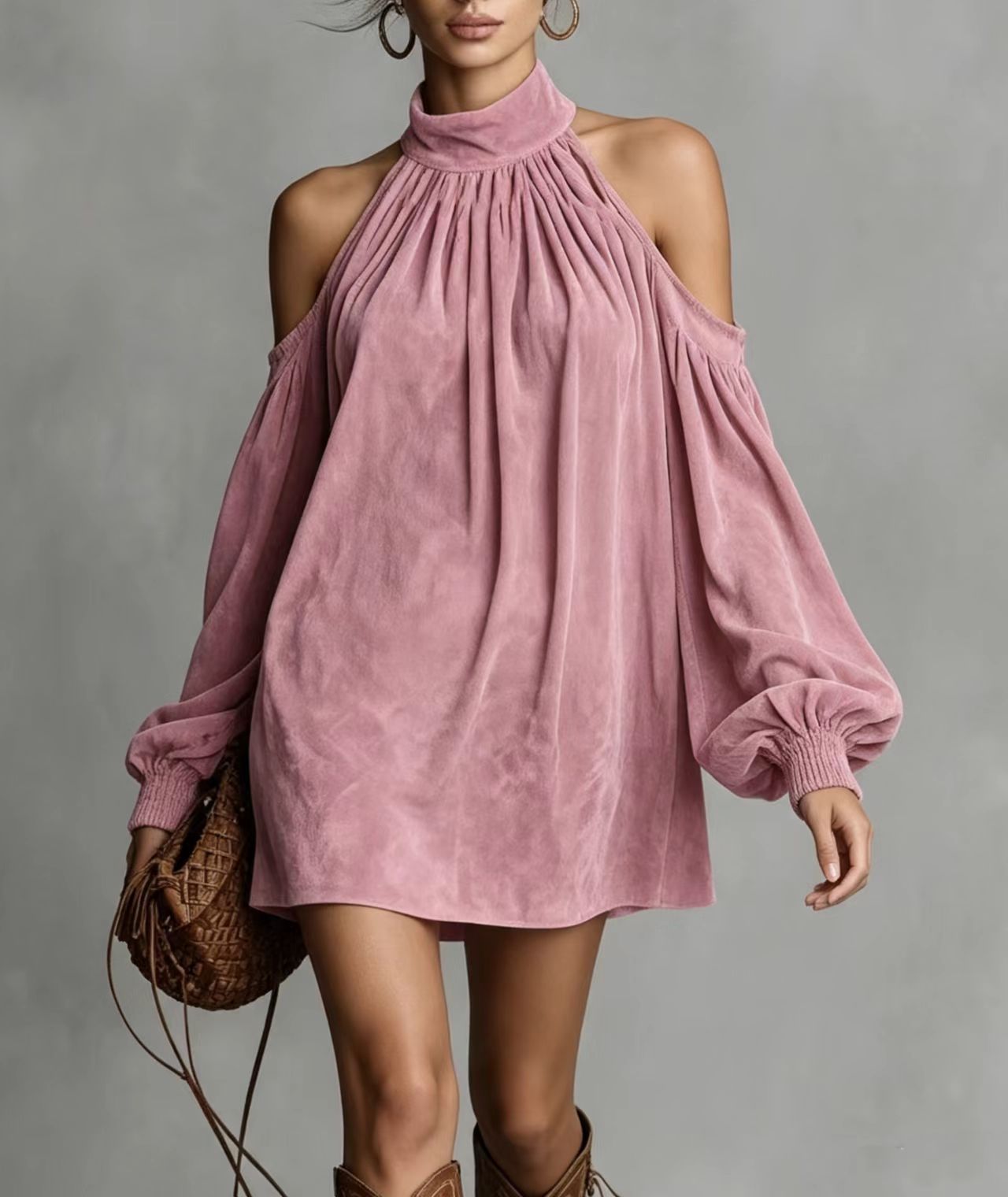 Women's Faux Suede Halter Mini Dress with Lantern Sleeves
