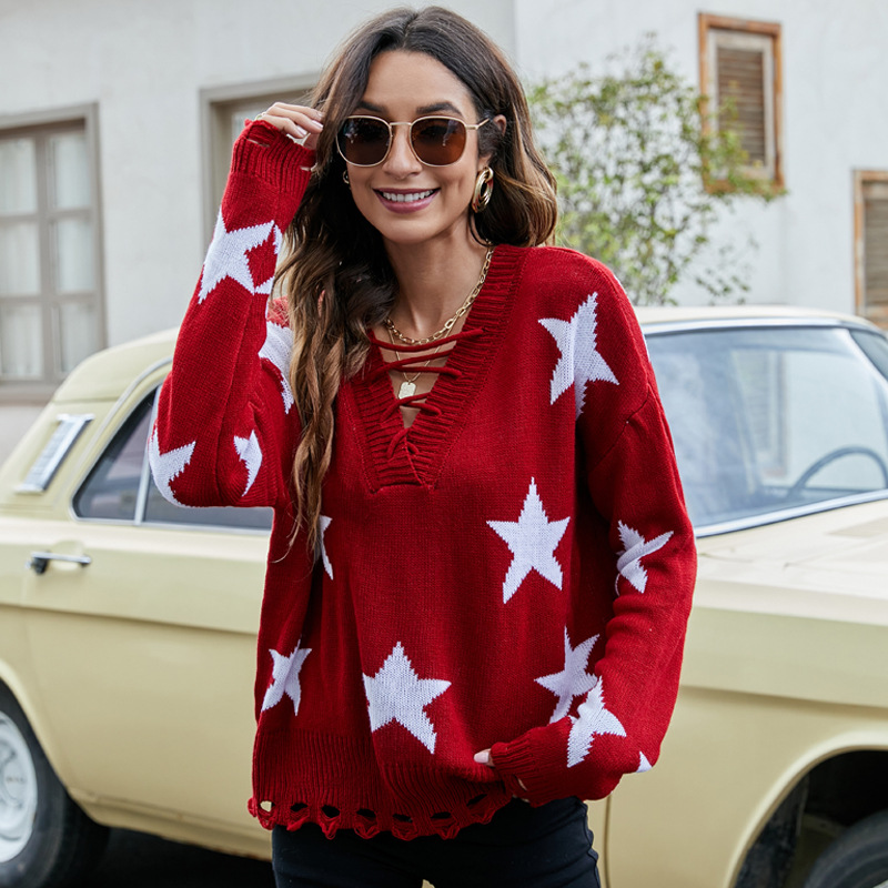 Women's Star Jacquard Drawstring V-Neck Pullover Sweater