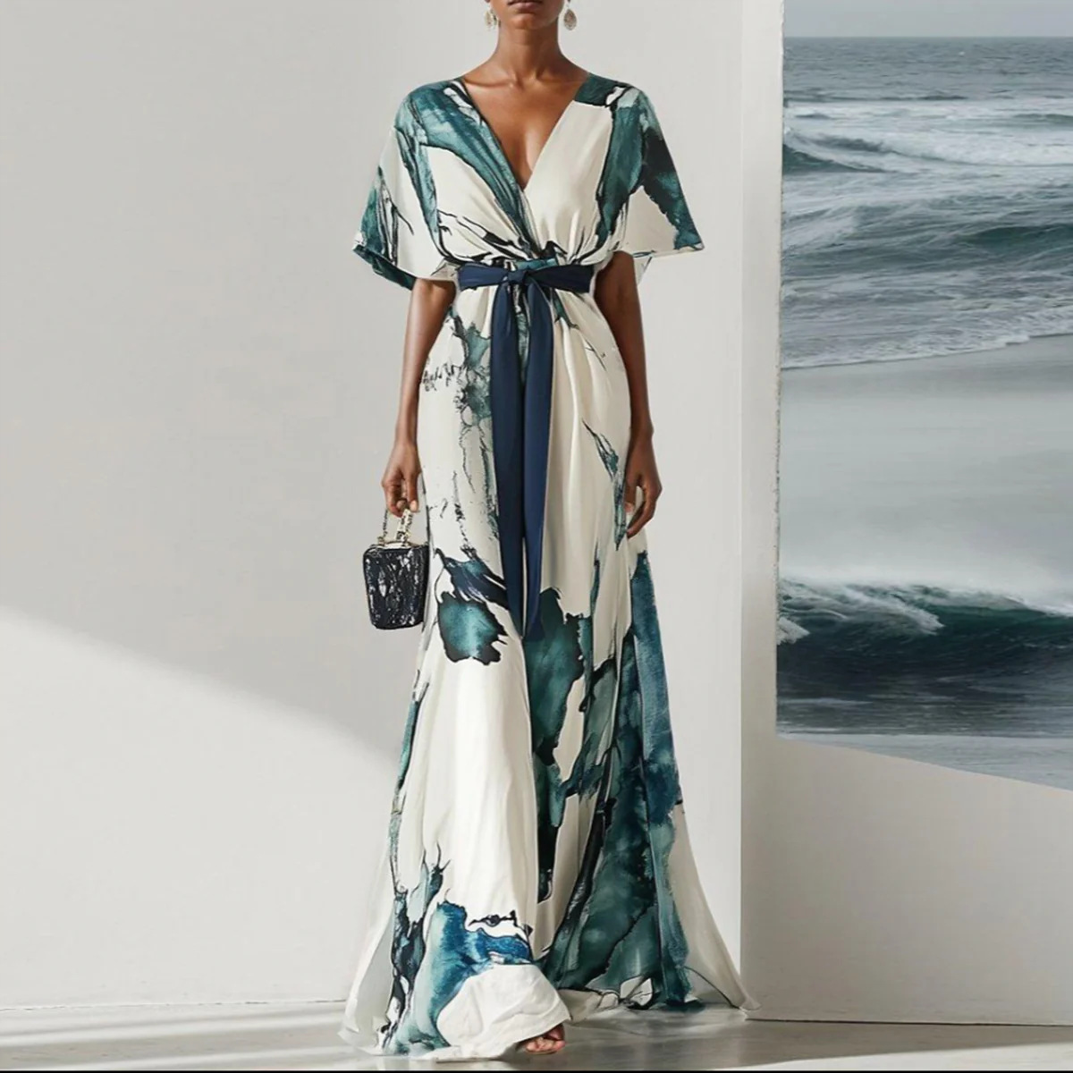 V-Neck Digital Print Tie-Strap Short Sleeve A-Line Maxi Dress
