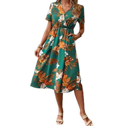 V-Neck Short Sleeve Floral Print Midi Dress