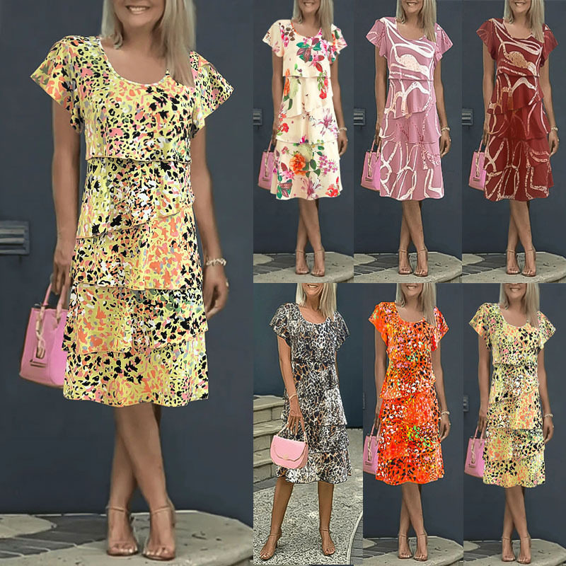 Summer Print Dress Round Neck Ruffle Sleeve Patchwork Women's Dress