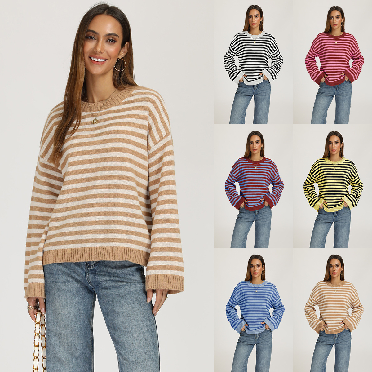 Striped Crewneck Pullover Sweater Loose Knit Top