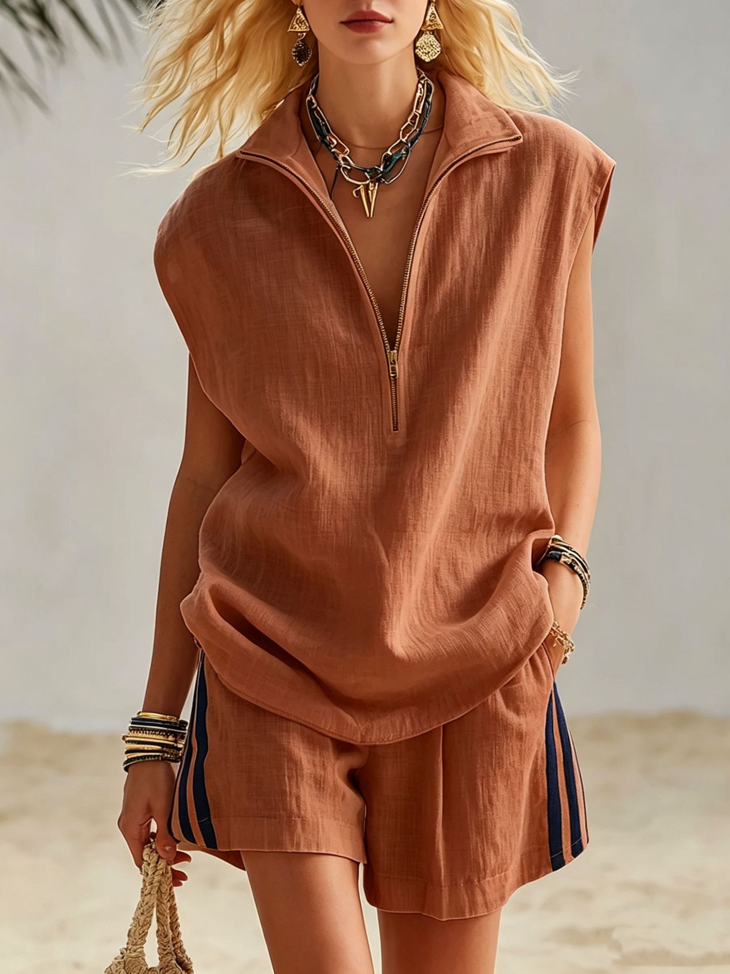 Women's Sleeveless Zip-Up Colorblock Top and Shorts Set
