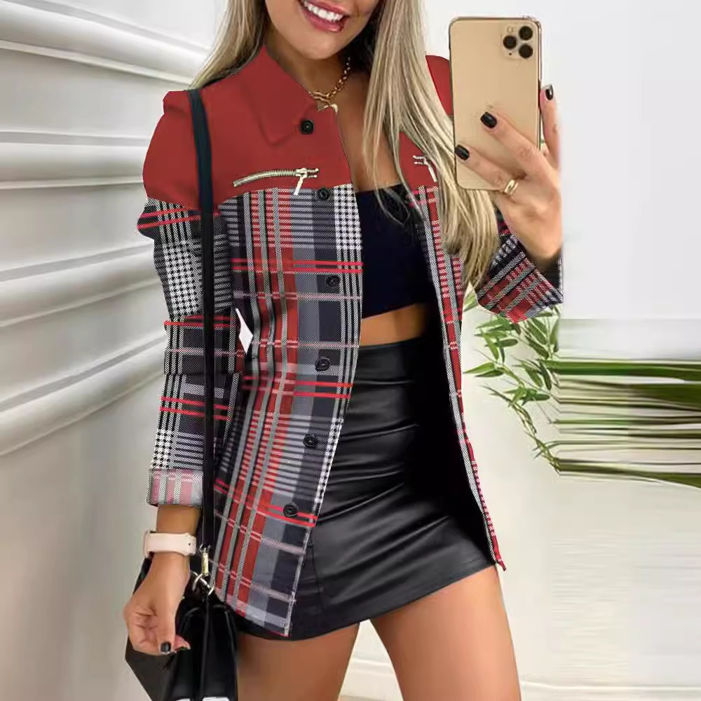 Long-Sleeve Single-Breasted Colorblock Print Lapel Jacket
