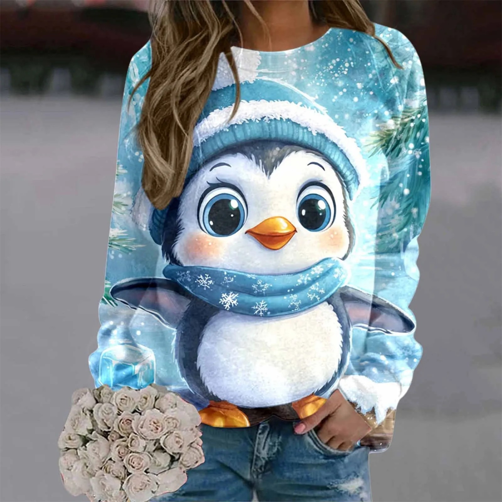 Women's Cartoon Winter Animal Print Crewneck Sweatshirt