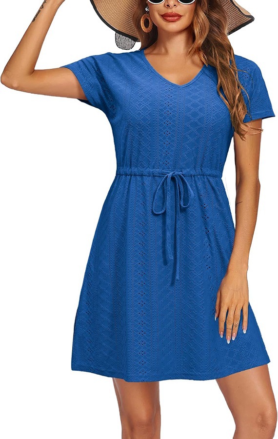 Women's Cutout Waist V-Neck Short Sleeve Beach Dress