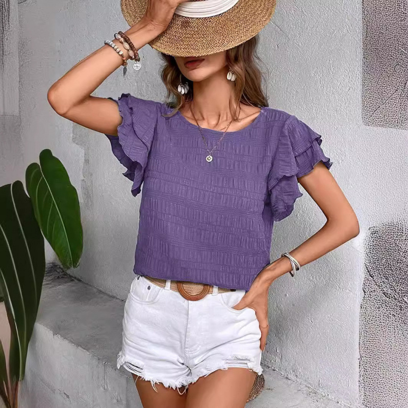 Women's Summer Double Ruffle Sleeve Round Neck Pullover T-Shirt