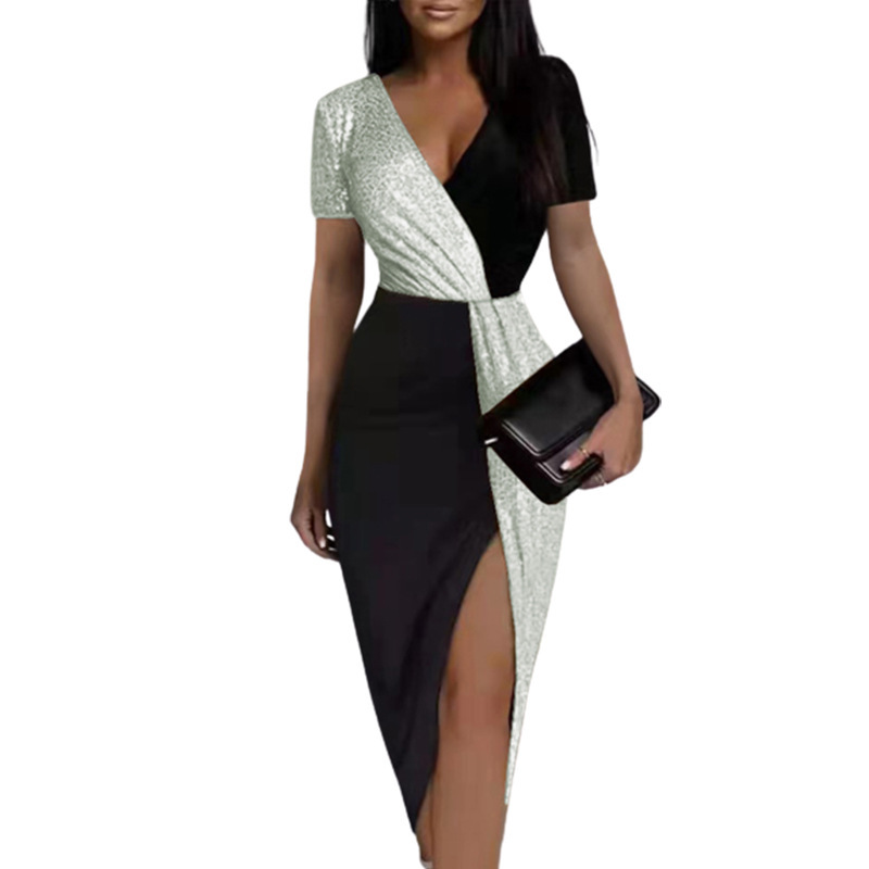 Color-Block Sequin V-Neck Short-Sleeve Dress
