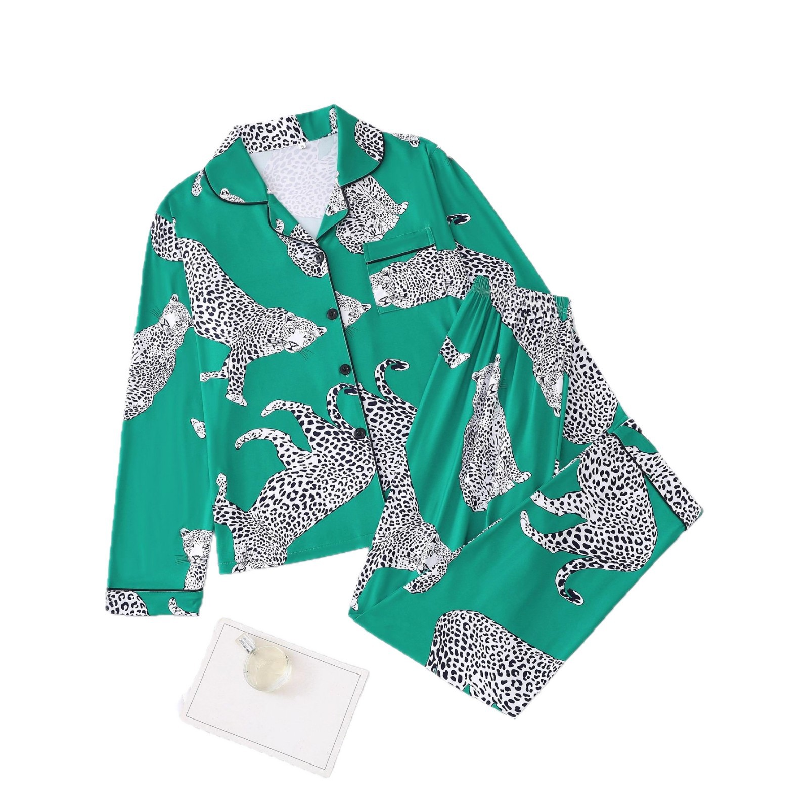 Women's Cuban Collar Leopard Print Long Sleeve Lounge Set
