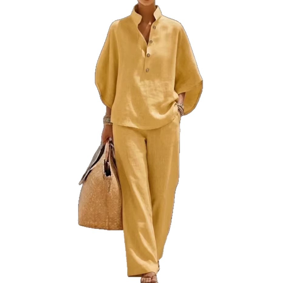 Women's Casual Loose Solid Color Zip Stand Collar Wide-Leg Pants Set