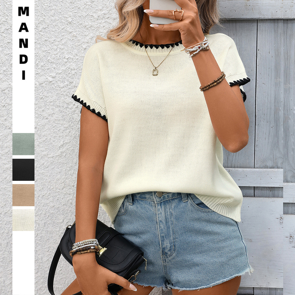 Women's Round Neck Short Sleeve Pointelle Knit Sweater