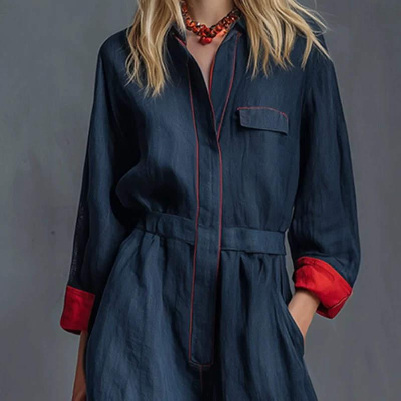 Retro Red Long Sleeve Jumpsuit with Pockets