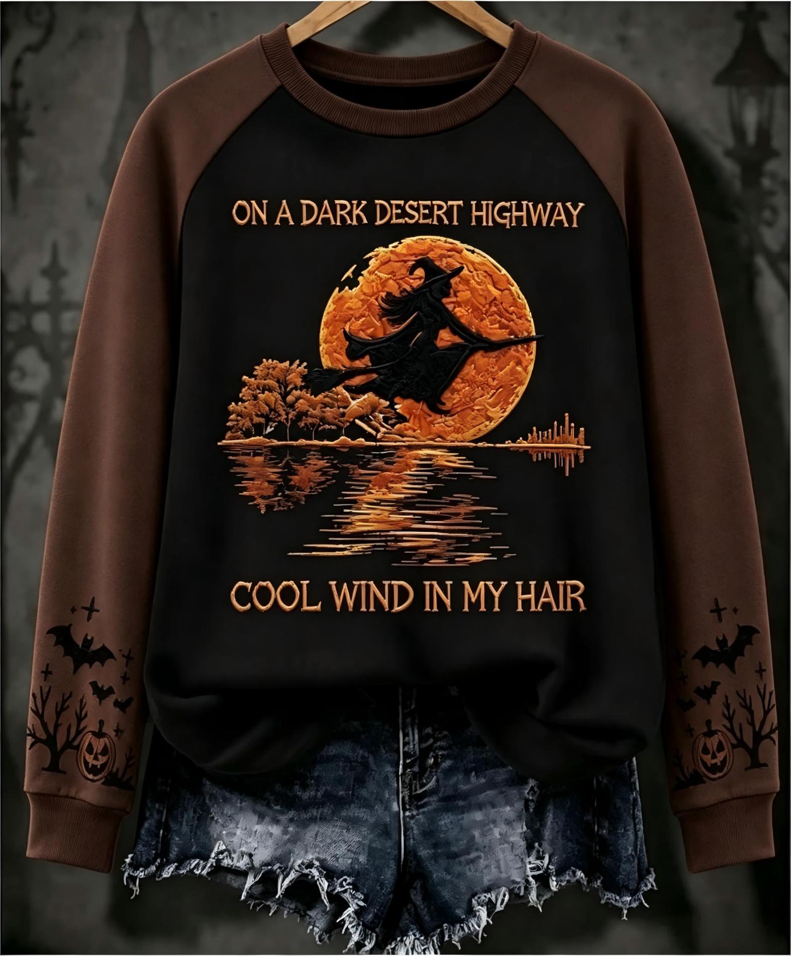 Halloween Witch Print Crewneck Long-Sleeve Pullover Sweatshirt