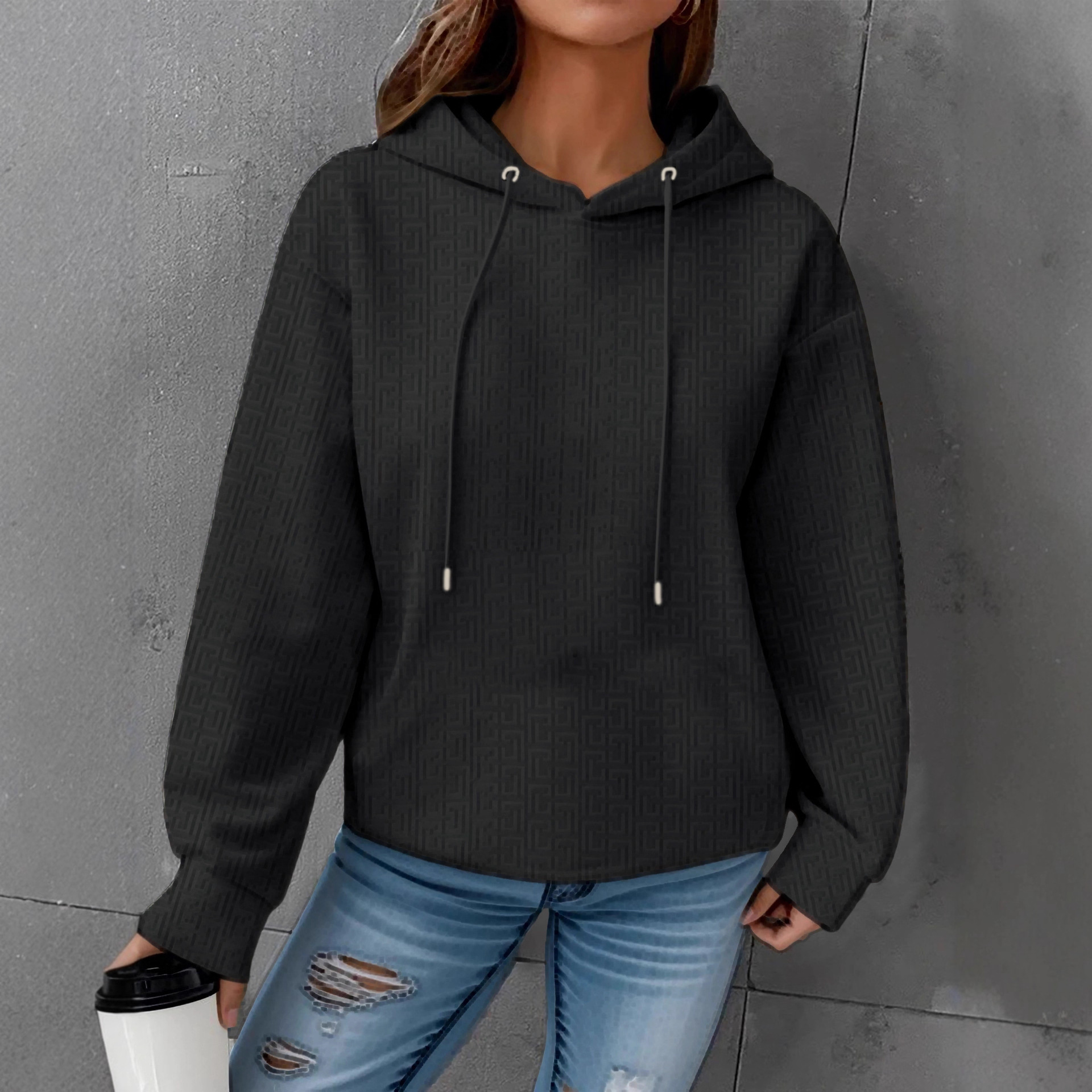 Solid Black Drawstring Hooded Raglan Long-Sleeve Sweatshirt