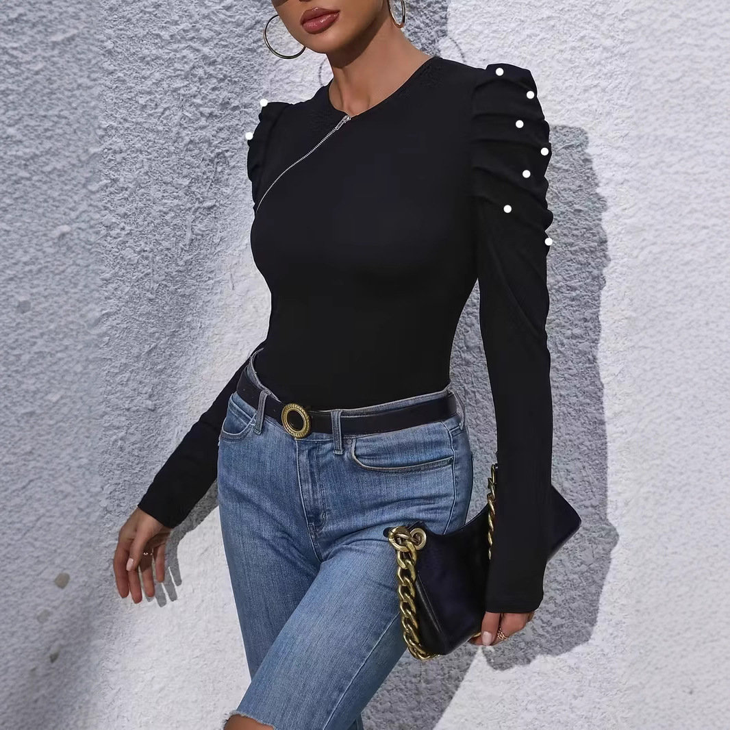 Elegant Pearl Beaded Puff Sleeve Asymmetric Zip T-Shirt