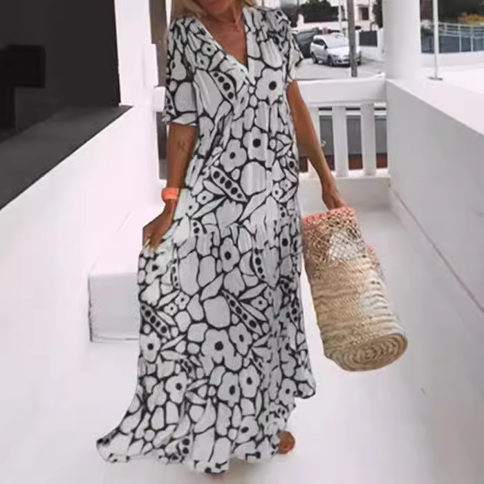 Women's Summer Printed Short Sleeve Deep V-Neck Long Dress