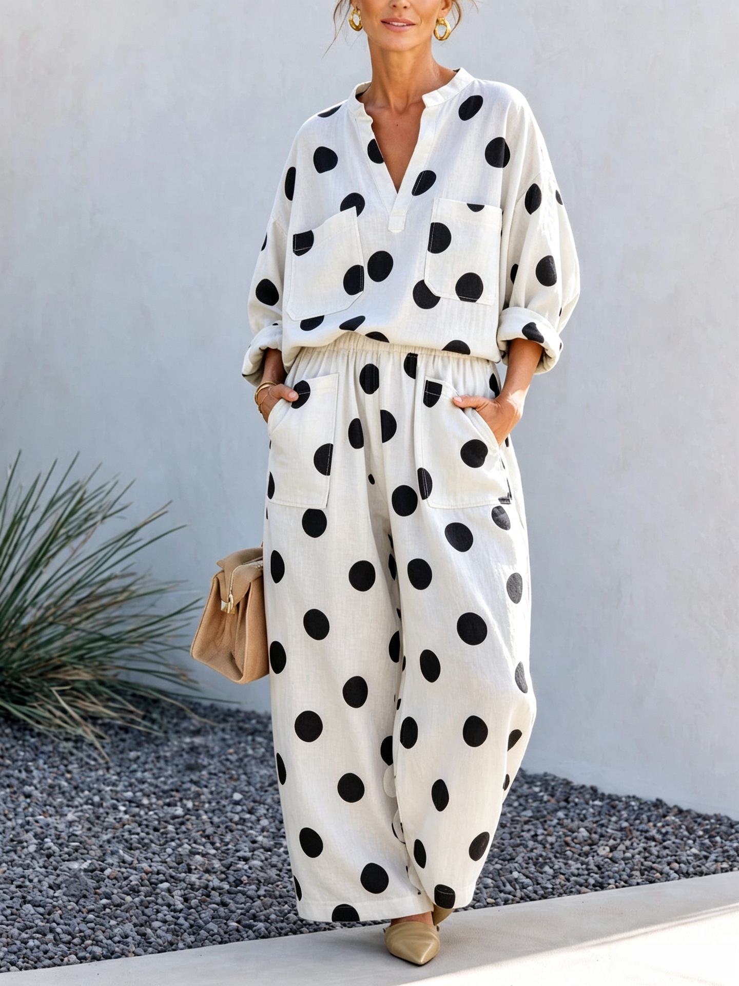 Women's V-Neck Long Sleeve Top and Wide-Leg Pants Two-Piece Set