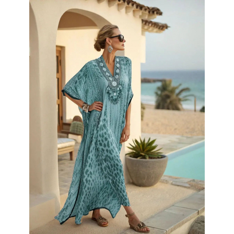 Women's Polka Dot & Solid Print Midi Dress, Slim Fit Deep V-Neck Half Sleeve