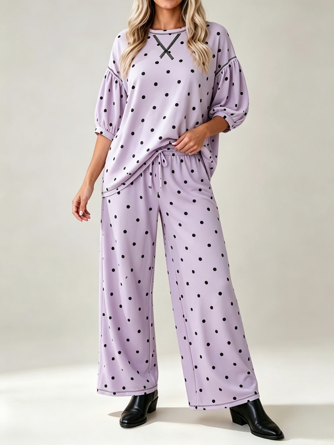 Women's Polka Dot Print Tie-Waist Wide-Leg Two-Piece Set