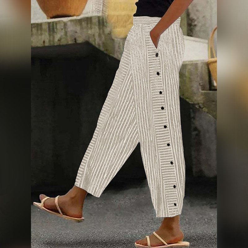 Women's Striped High-Waist Cropped Skinny Pants with Stretch