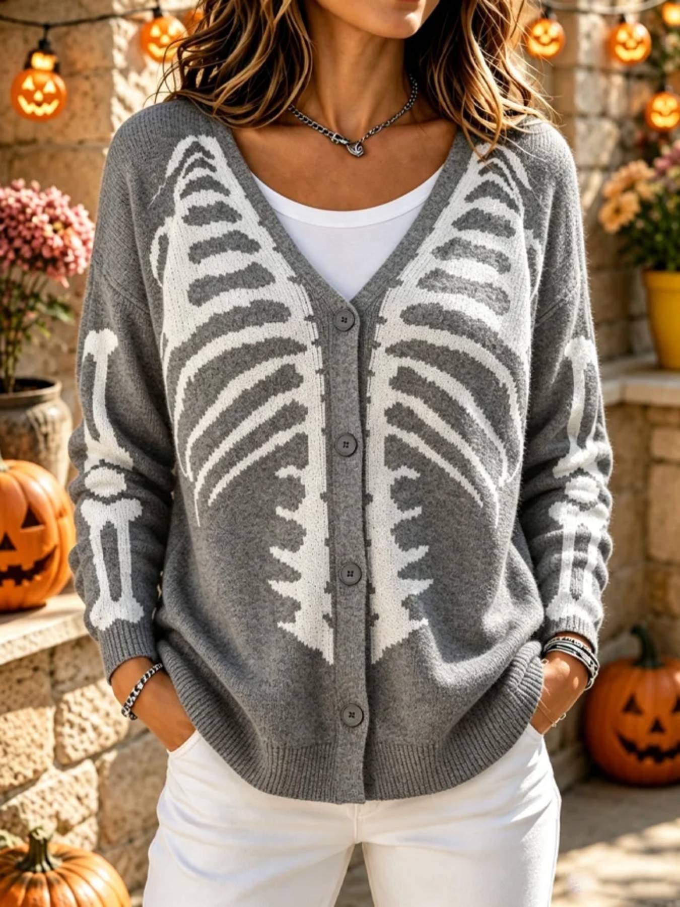 Women's Skeleton Ribbed Halloween Graphic Cardigan