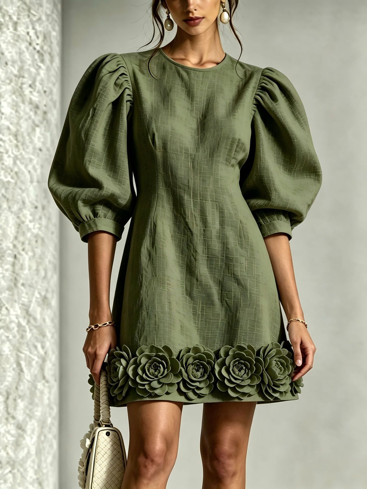 3D Floral French Puff Sleeve Midi Dress