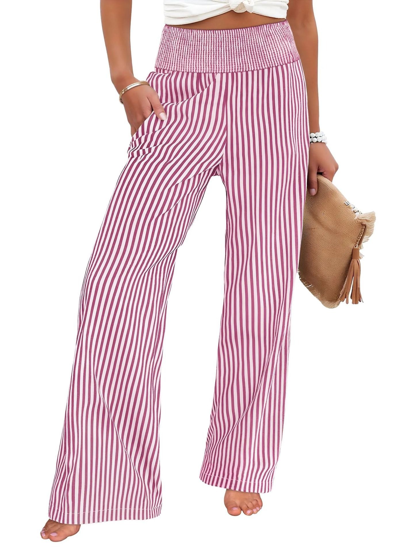 Striped Smocked Wide-Leg Pants for Women, Casual Loose Fit