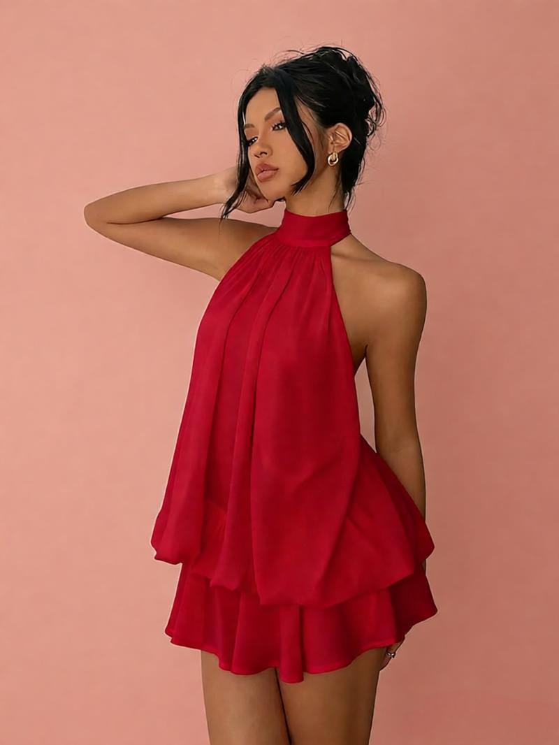 Women's Halter Neck Chiffon Dress High Waist A-Line Mini Vacation Dress