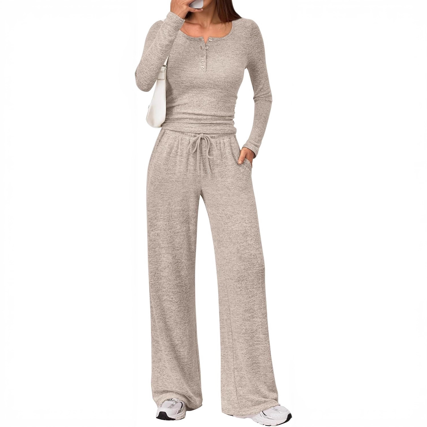 Women's Two-Piece Long Sleeve Top and Wide-Leg Pants Set