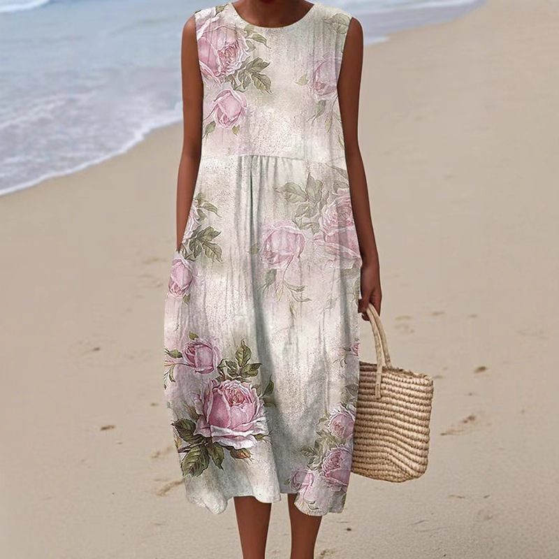 Women's Vintage Floral Sleeveless Midi Dress