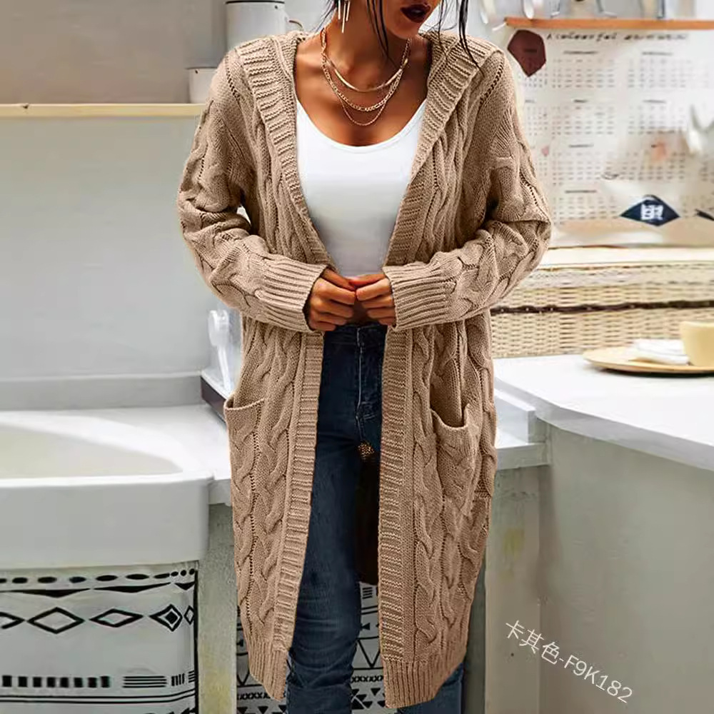Women's Hooded Cable Knit Open-Front Cardigan Sweater, Mid-Length