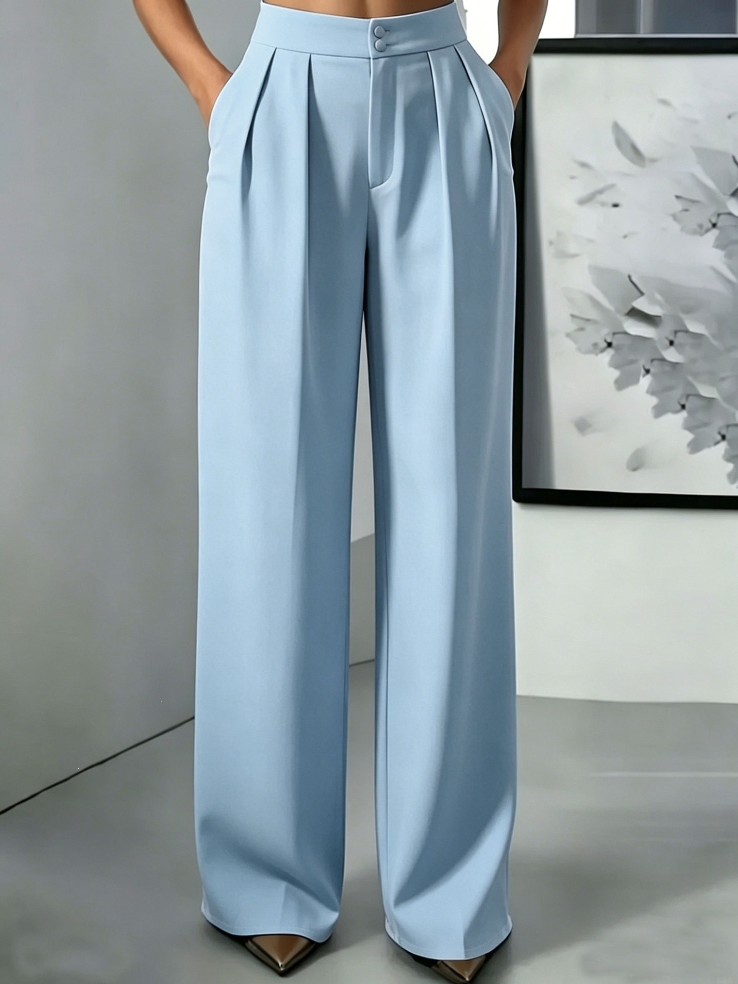 Women's High Waist Straight Leg Tailored Pants with Elastic Waist