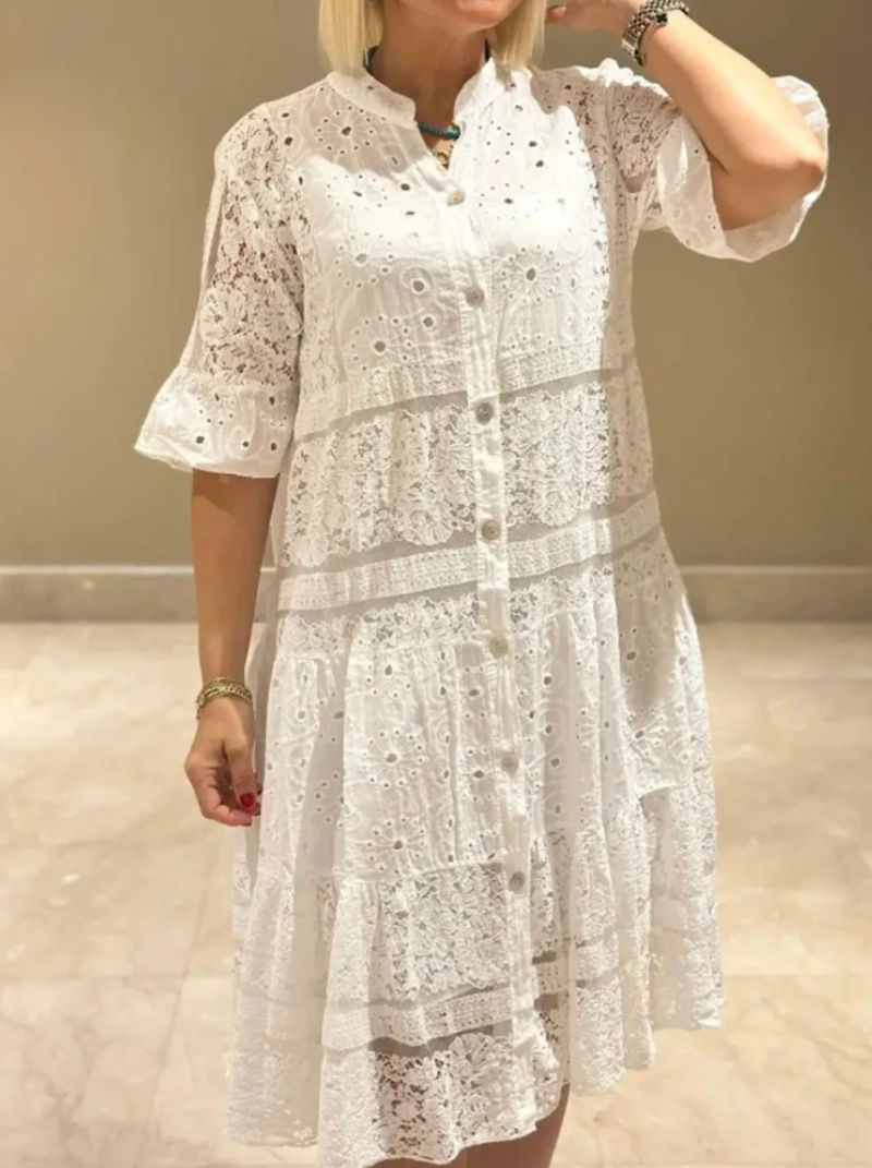 Women's Solid V-Neck Button Lace Panel Midi Dress