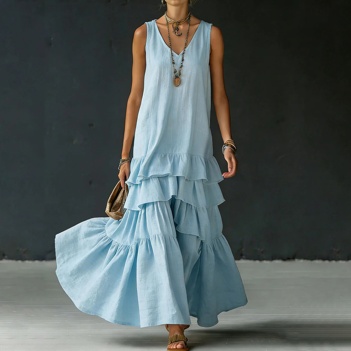 Women's Summer Beach Vacation Dress Solid Color Tiered Maxi Dress