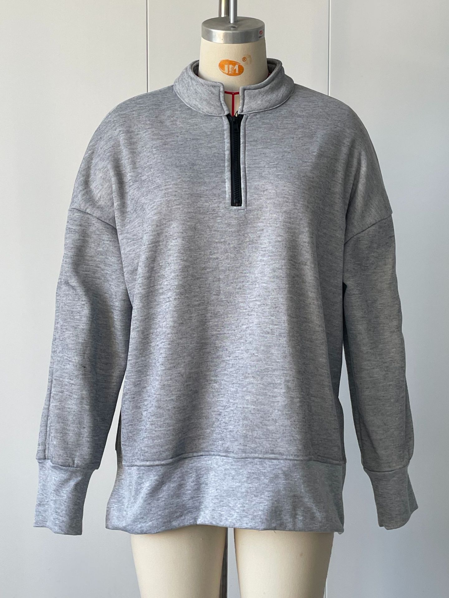 Side Slit Half-Zip Collared Solid Color Pullover Sweatshirt for Women