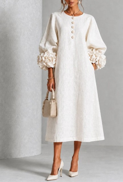 Women's French 3D Floral Lantern Sleeve A-Line Midi Dress