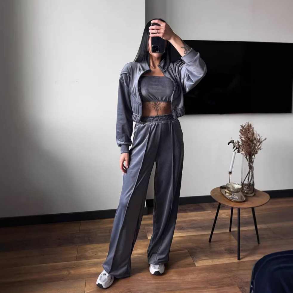 Women's Solid Velvet Stand-Collar Long-Sleeve Three-Piece Pants Set