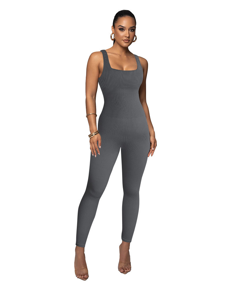 Sexy Sleeveless Square Neck Ribbed Yoga Bodysuit Tummy Control Butt Lifting