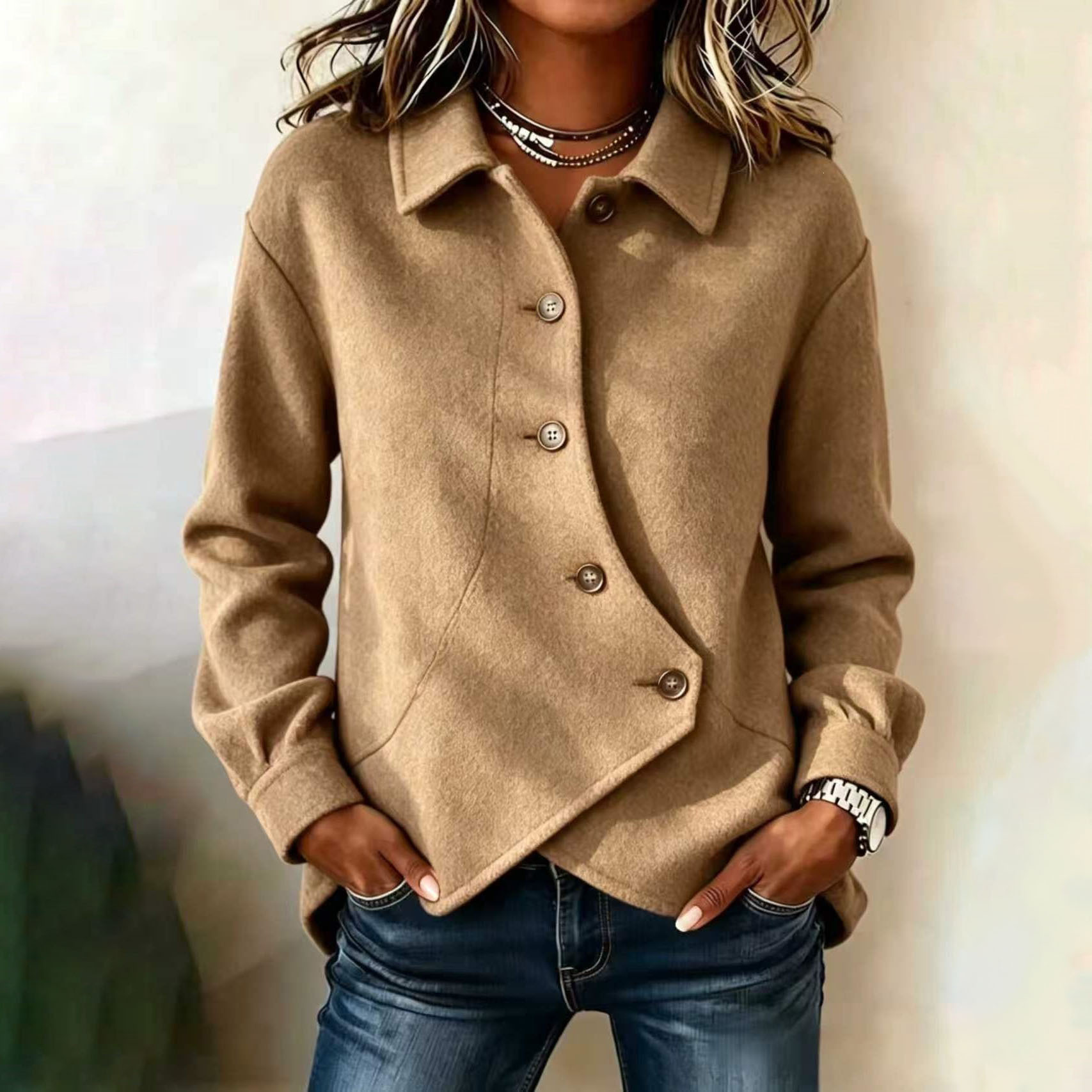 Women's Solid Color Asymmetrical Wool-Blend Coat Casual Loose Fit