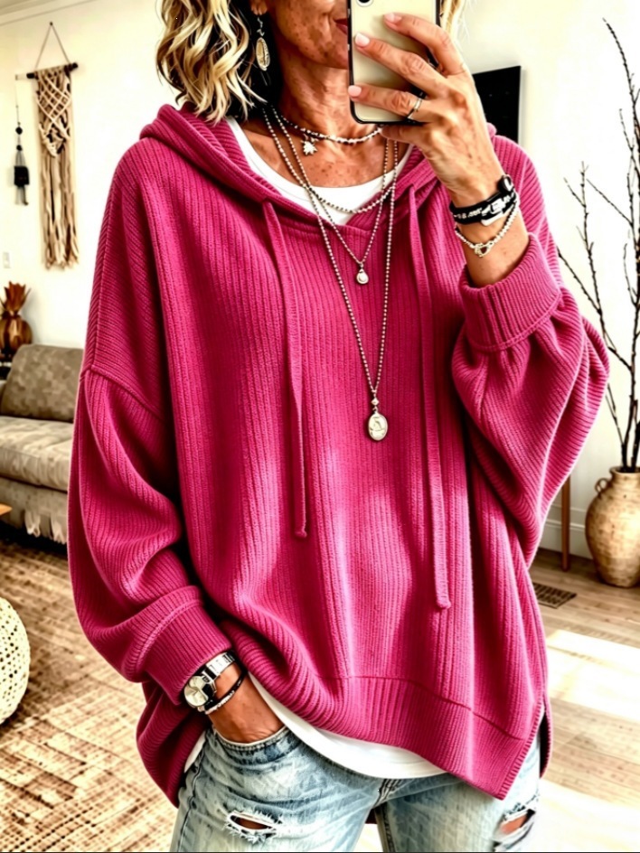 2026 Women's Knit Hooded Drawstring Sweatshirt Jacket Casual Loose Fit for Europe & America Cross-border Amazon Independent Site