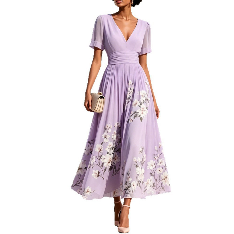 Floral Print Short Sleeve V-Neck Pleated Maxi Dress