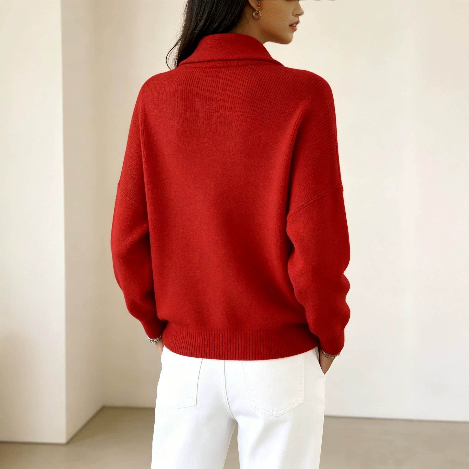 V-Neck Long Sleeve Solid Color Loose Knit Pullover Top