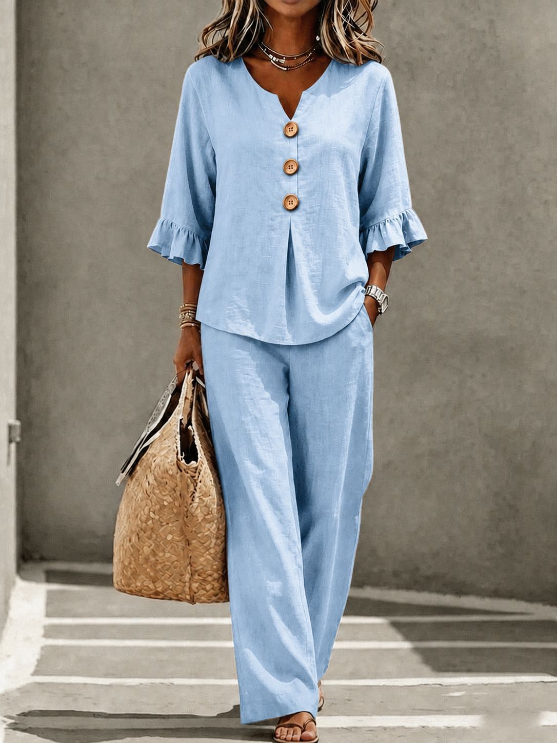 Women's Casual Button V-Neck Ruffle 3/4 Sleeve Top and Pants Two-Piece Set