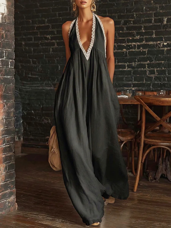 Women's Lace Trim Loose Linen Jumpsuit Casual Elegant